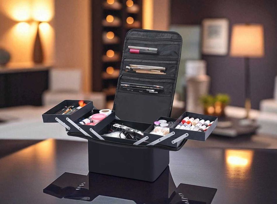 NOWY Kuferek Kosmetyczka Rozkładana Organizer Make-Up Czarny 25×28×20