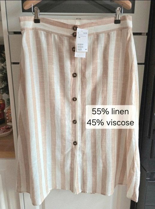 Spódnica lniana H&M beżowa r.46 w paski letnia boho