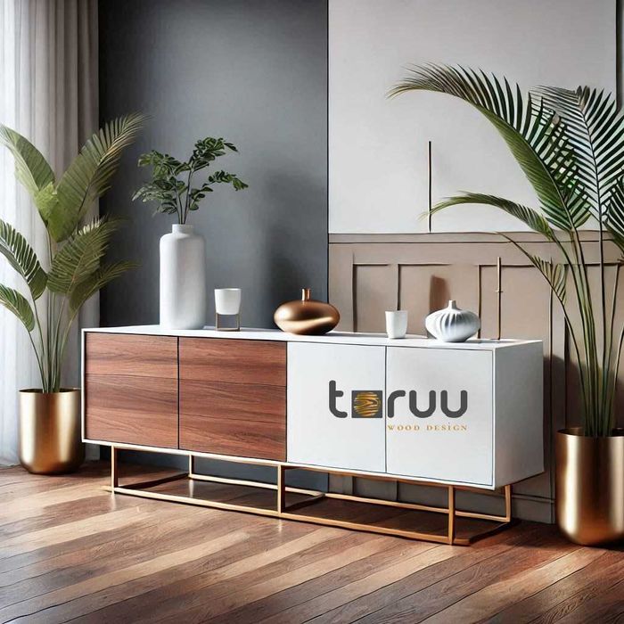 Aparador c/ Portas e Gavetas Lacado Branco e Nogueira c/ Inox Dourado