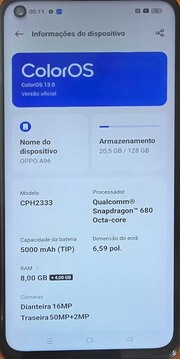 Telemóvel Oppo A96 | 128Gb | 8Gb