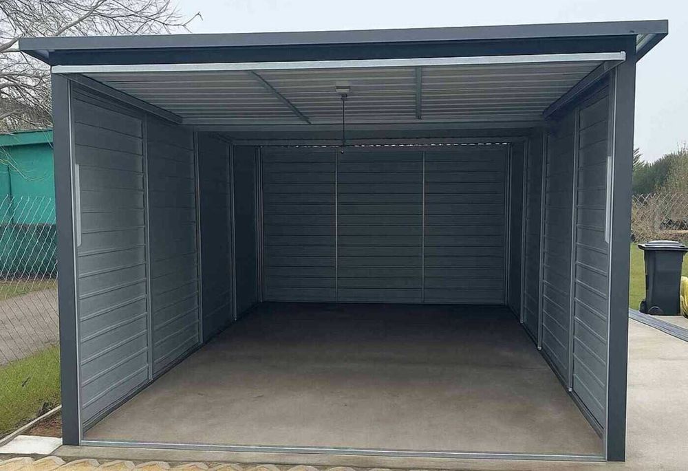 Garaż blaszany 3x5 grafitowy jednospadowy brama uchylna