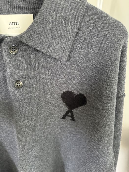 AMI Paris sweter polo szary czarne serce L