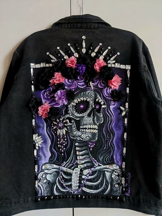 Jeansowa katanka, Custom, Helloween, La  Catrina, ręcznie malowana