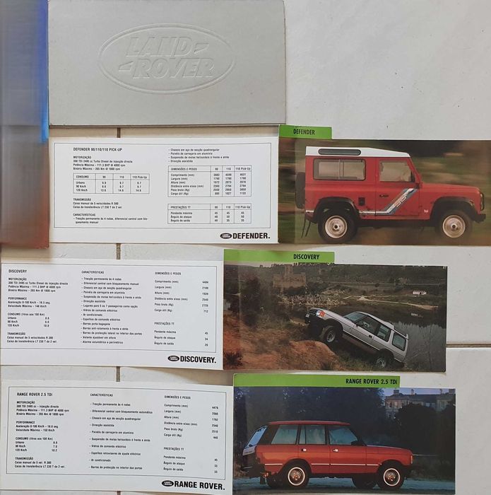 Folheto Land Rover Defender+3 Fichas técnicas Defender Discovery Range