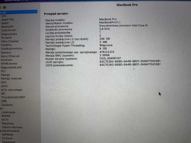 macbook pro 1502  256KB 3MB 8GB core i5 100% sprawny z ładowarką