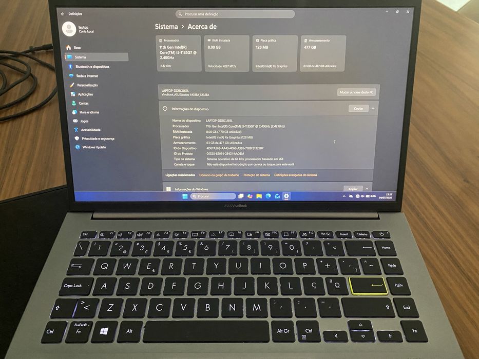 Asus S435E 11th gen i51135G7 SSD 512gb, leitor impressão digital