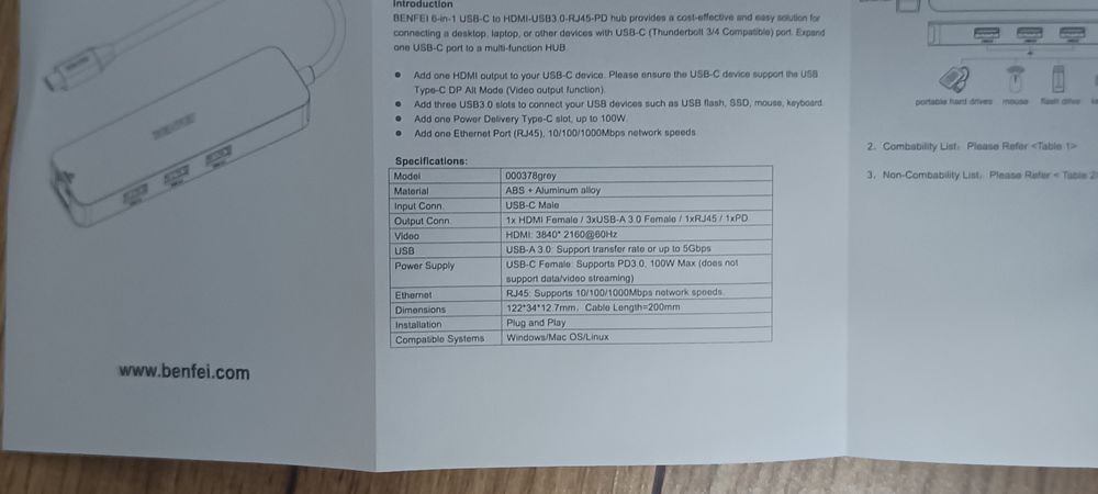 Benfei USB C Hub 6w1 z HDMI ethernetem