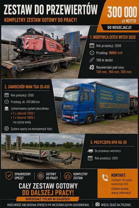 Zestaw do przewiertów Ditch Witch 3020 + MAN TGA + przyczepa
