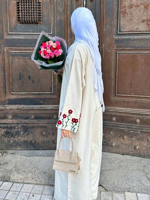 Sukienka Tunika Abaja W Haftowane Kwiaty Beżowa Maxi Shein