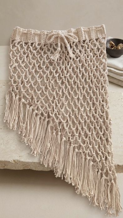 Saia Crochet Boho Franjas Assimétricas – Artesanal Nova Tamanho M