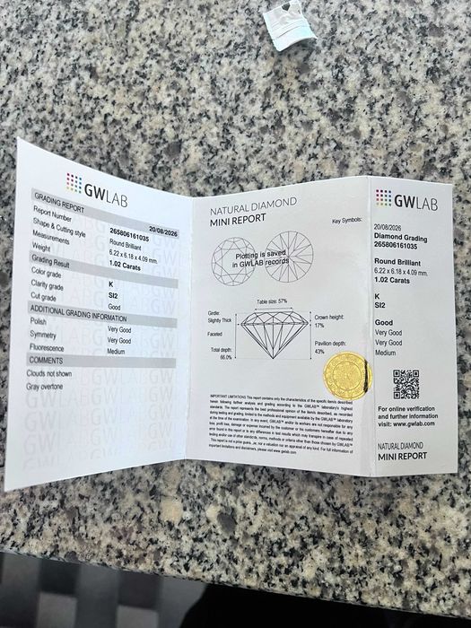 Diamante natural 1,02 ct – round brilliant – certificado gwlab