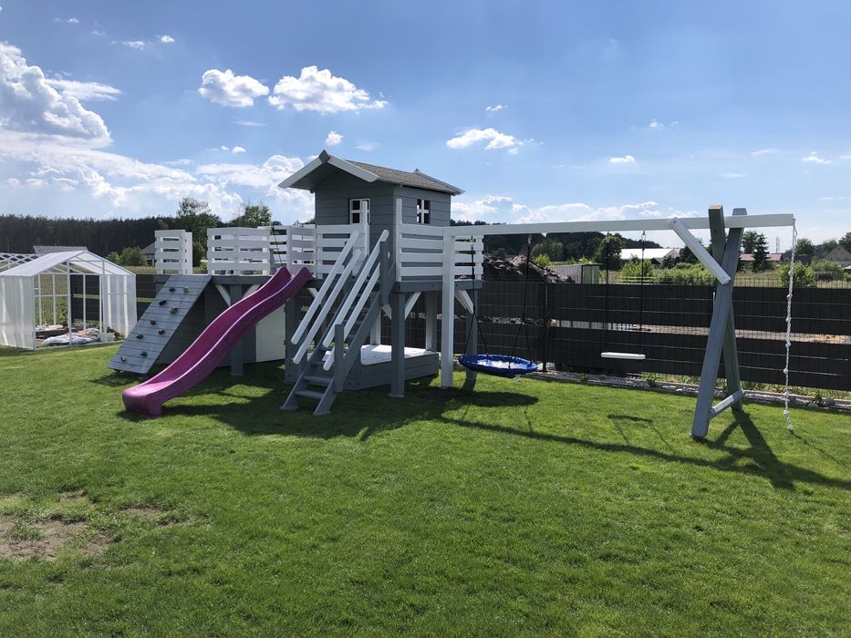 Plac zabaw drewniany zamek JERRY cala PL ścianka huśtawka