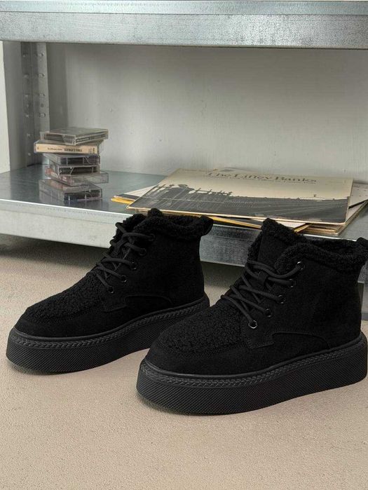 Жіночі зимові кросівки-черевики чорні високі, на хутрі, 36-41, замшеві