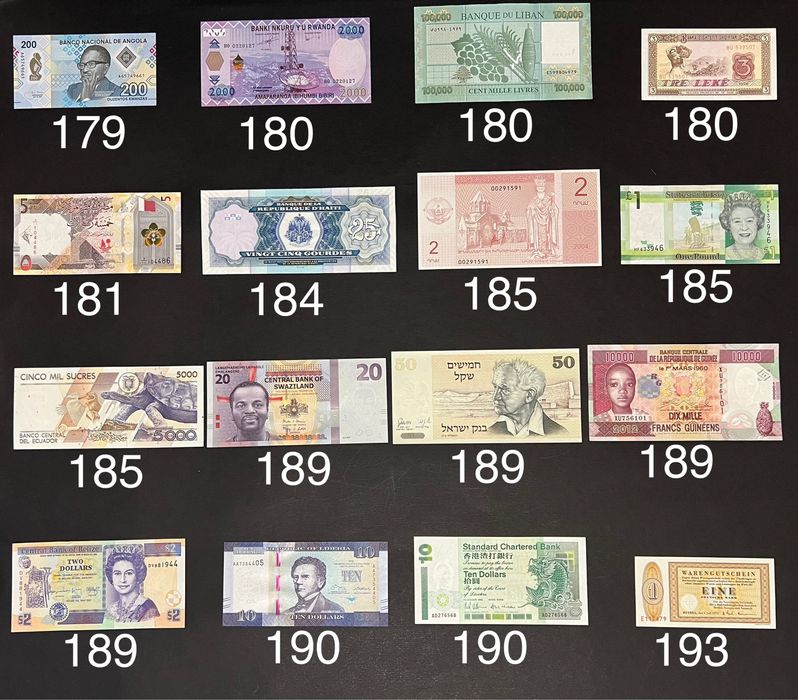 Банкноти купюри країн світу вартістю від 150 до 200 грн