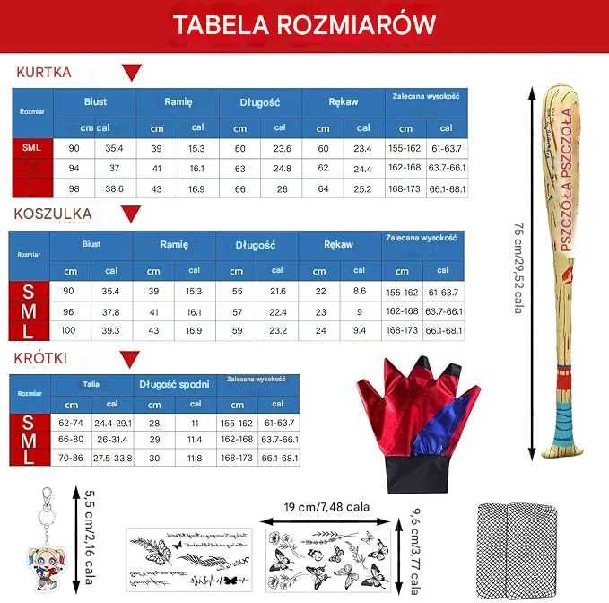 Kostium Harley Quinn Suicide Squad Karnawał Cosplay Zestaw 8 element M