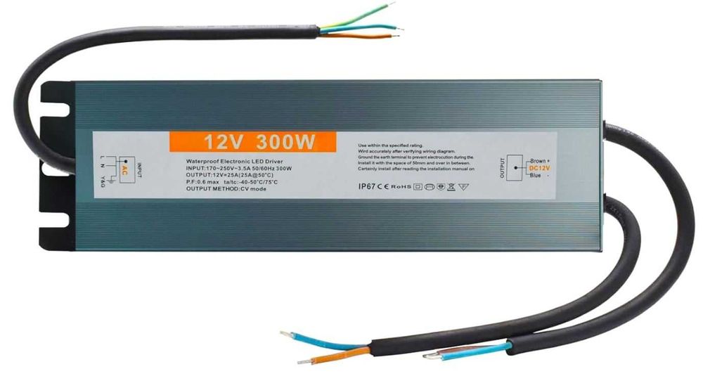 Zasilacz 12V 300W 25A Do Taśm LED Wodoodporny IP67 Transformator