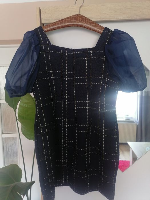 Elegancka sukienka granatowo zlota guziki komunia 44