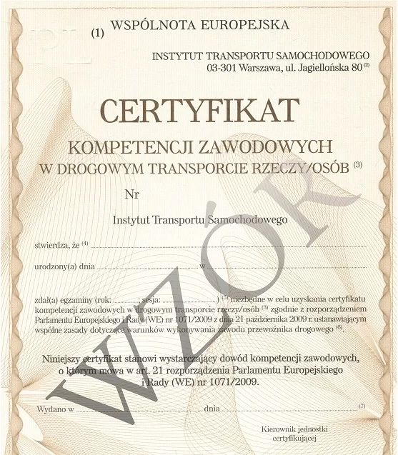 Użycze Certyfikat Kompetencji Zawodowych w drogowym Transporcie ;CKZ