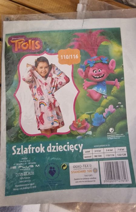 Szlafrok Dziewczęcy 110 116 Trolls grubszy porządny miękki róż tęcza