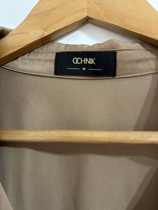 Ochnik elegancka sukienka midi beżowa pasek talia M L premium