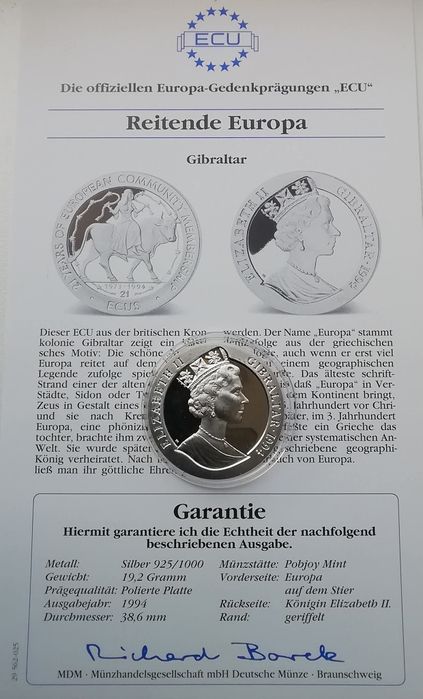 Гібралтар 21 екю 1994р. 21- А річниця - Вступ до ЄС. СРІБЛО. Сертифіка
