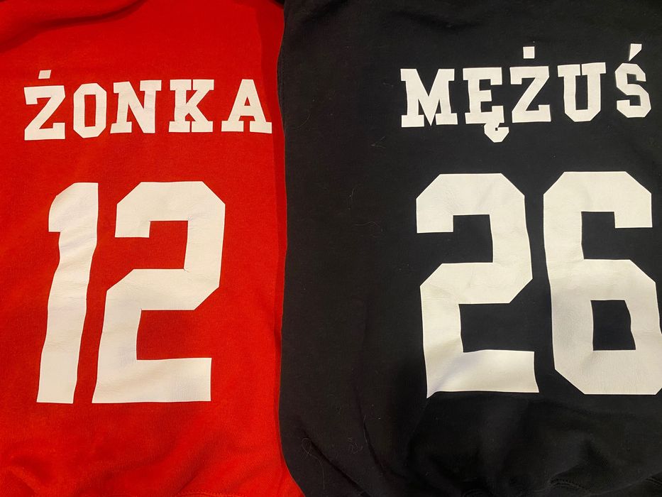Bluzy z napisem Mężuś 26 i Żonka 12 idealne dla pary