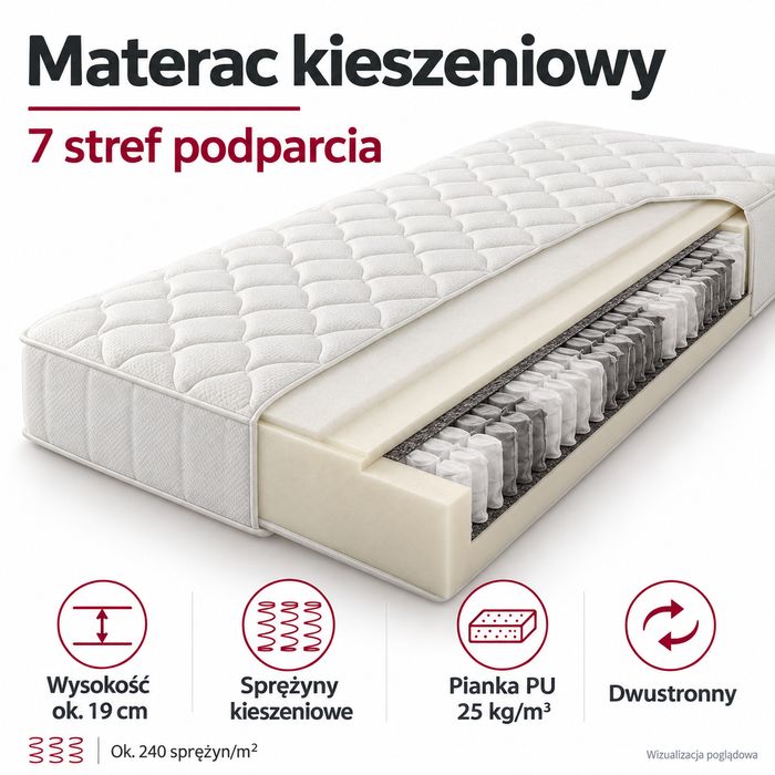 Materac kieszeniowy Sun Garden 90 × 200 cm, 7 stref podparcia, wysokość ok. 19 cm, dwustronny