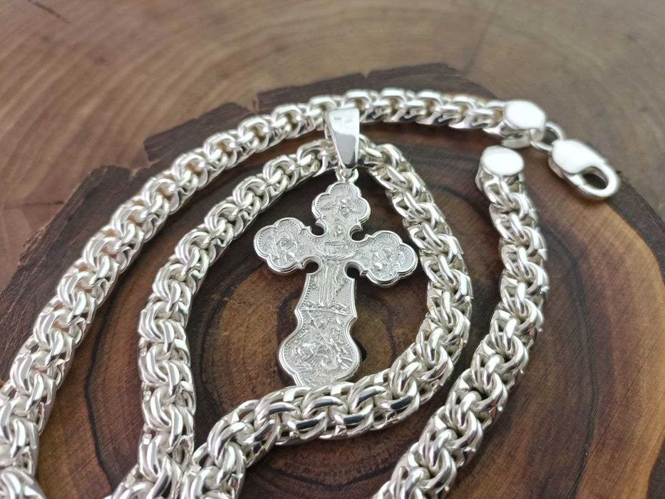 Серебряная цепочка Бисмарк, крестик. Срібний ланцюг Бісмарк+хрестик