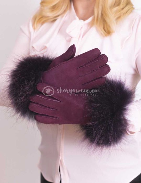 Śliwkowe rękawiczki damskie skórzane z futrzanym obszyciem