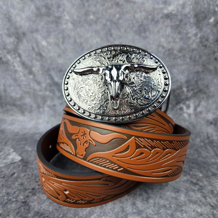 Nowy pasek skórzany 140 cm western klamra byk Sansths