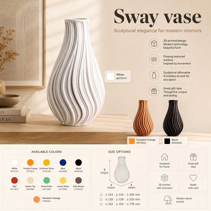 Vaso Decorativo Sway | Vaso Escultural Minimalista | Decoração Moderna para Casa | Presente para plantas secas