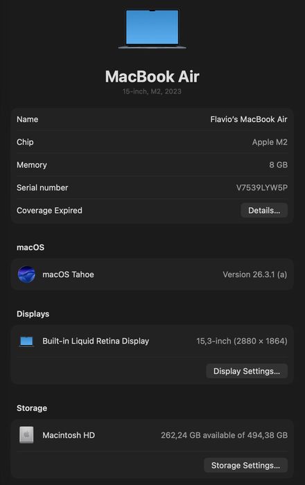 MacBook Air 15" M2 2023 8GB RAM 500GB SSD