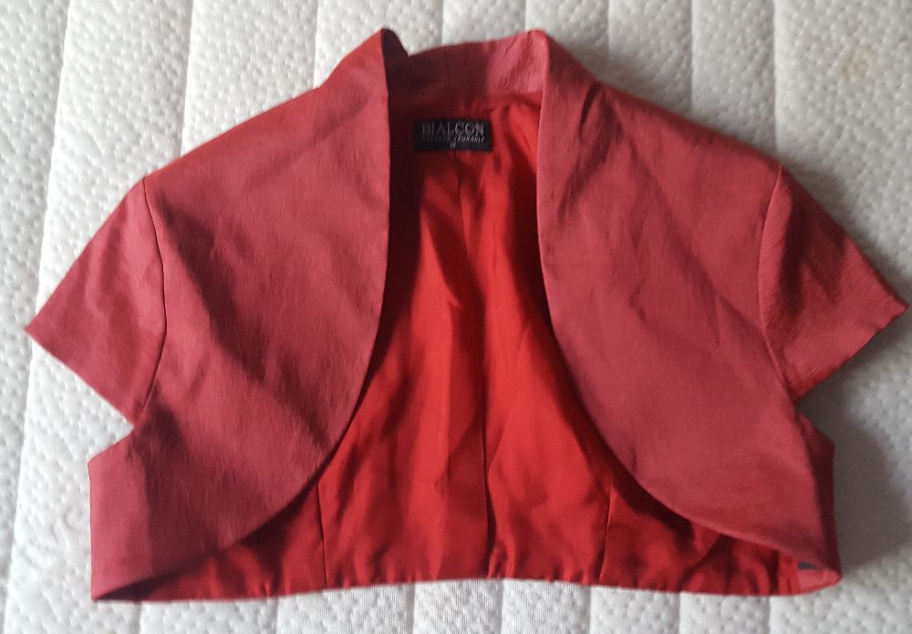 Bialcon malinowa sukienka połysk wesele r.38 plus bolerko