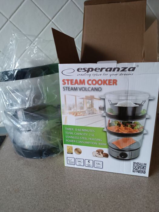 Nowy Parowar Esperanza STEAM Cooker, VOLCANO przezroczysty 3poziomy