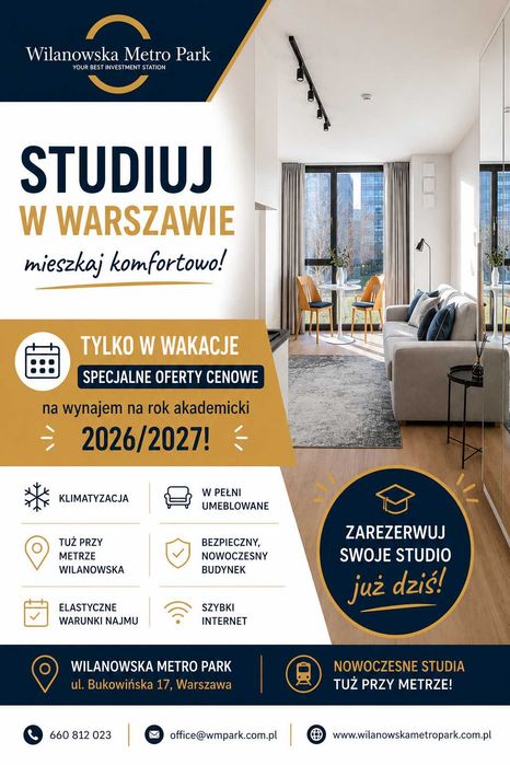 Klimatyzowane Studio Premium | Metro Wilanowska | Klimatyzacja | Recepcja  i Ochrona 24/7