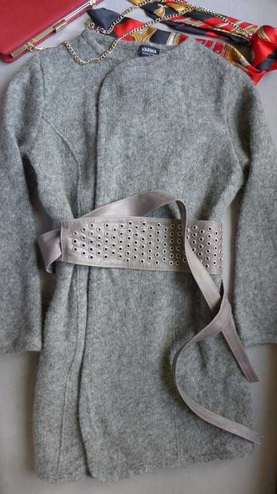 ISLANDZKI SWETER długi kardigan S 36 / M 38 wełniana podpinka narzutka