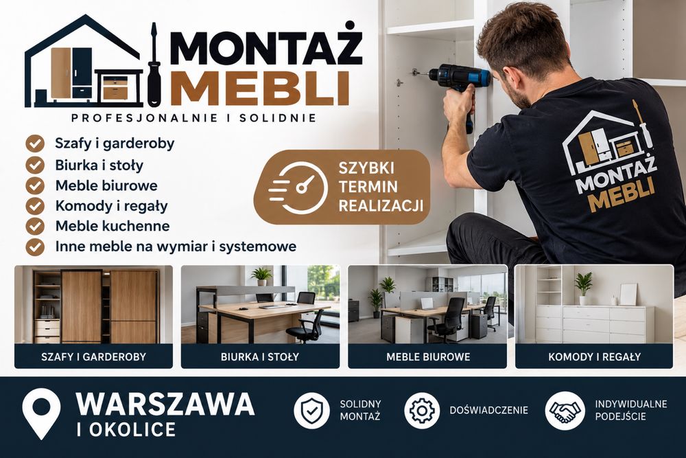 Oferuje profesjonalny montaz mebli dla osob prywatnych oraz firm.Mozliwosc wystawienia f/v