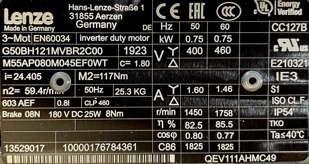 motoreduktor / przekładnia 0,75kW 59,4obr. 3fazowy HAMULEC Lenze
