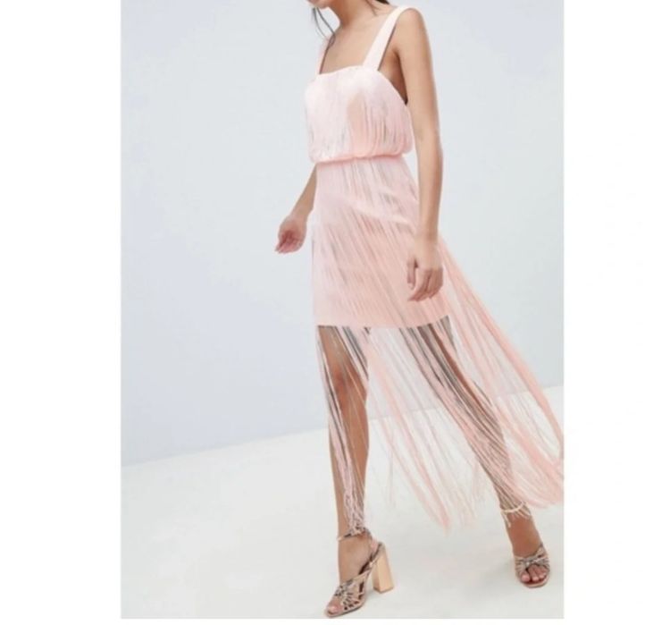 Asos 38 Design Fringe Square Neck Scuba mini maxi sukienka z frędzlami imprezowa wesele