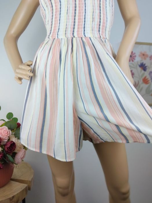 Wiskozowy kombinezon w paski masełko pudrowy letni Szorty top M 38