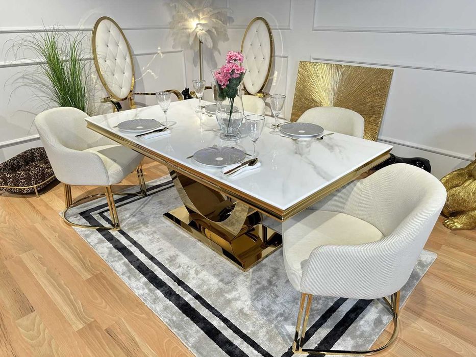 Stół Glamour T945 180x100cm, podstawa złota, blat biały efekt marmuru