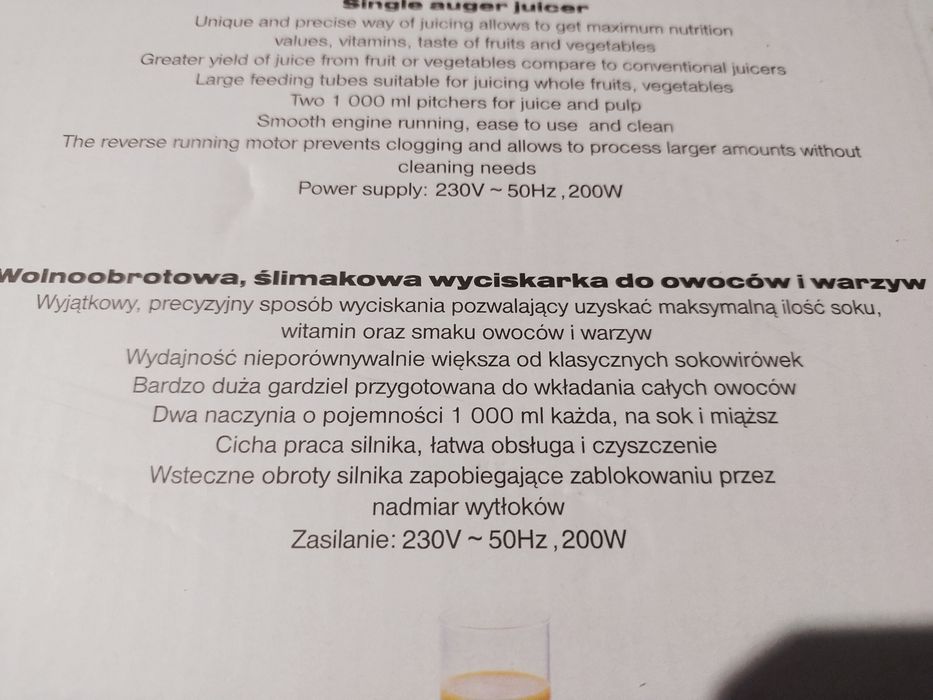Wolnoobrotowa wyciskarka do soków i warzyw Orava OS-151A stan idealny