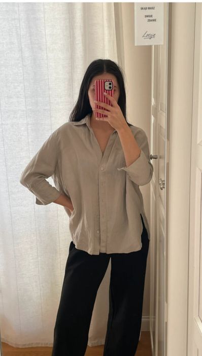 Lniana koszula Zara len 100% oversize kolor beżowy naturalny