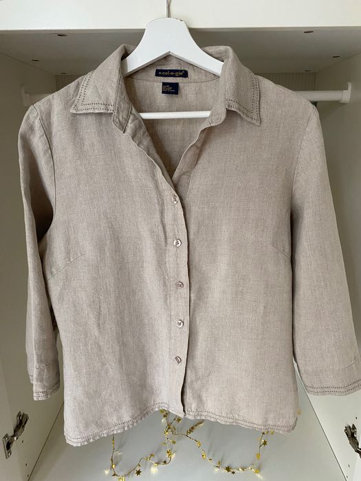 Koszula lniana beżowa rozpinaną z kołnierzykiem M 38 100% Len