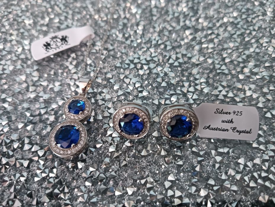 Mennica Świdnicka - naszyjnik - kolczyki - srebro - szafir