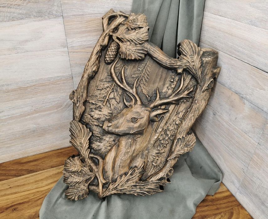 Obraz Płaskorzeźba drewniana trofeum JELEŃ prezent dla myśliwego 30cm