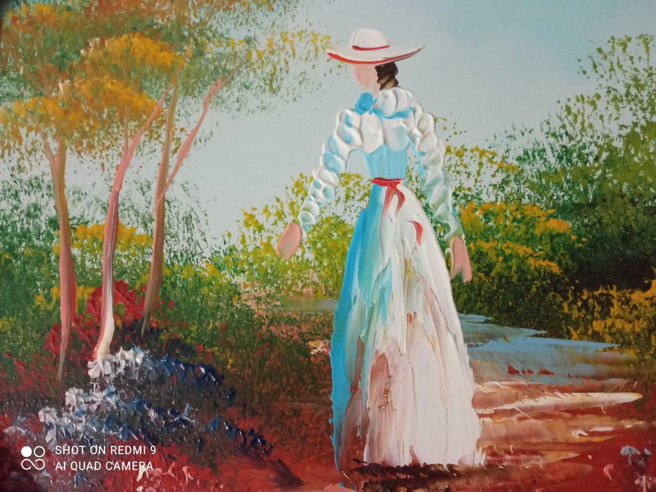 Quadro com tela texturada - moldura em mogno e veio dourado