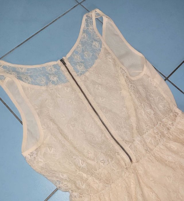 elegancka zwiewna kremowo-łososiowa KORONKI sukienka M/L 38/40 10/12