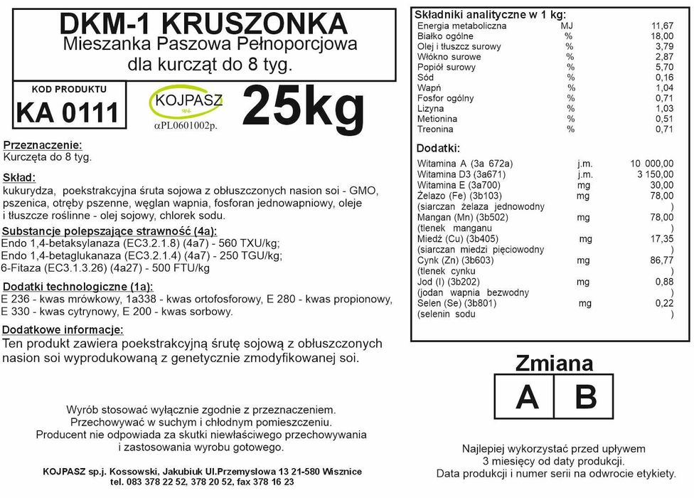 Pasza dla kurcząt DKM-1 w formie KRUSZONKI 25kg KOJPASZ