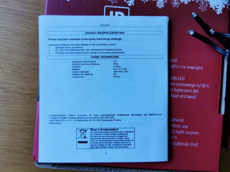 Oświetlenie Świąteczne Girlanda LED 200 diod 2 metry 4x1,5V AA